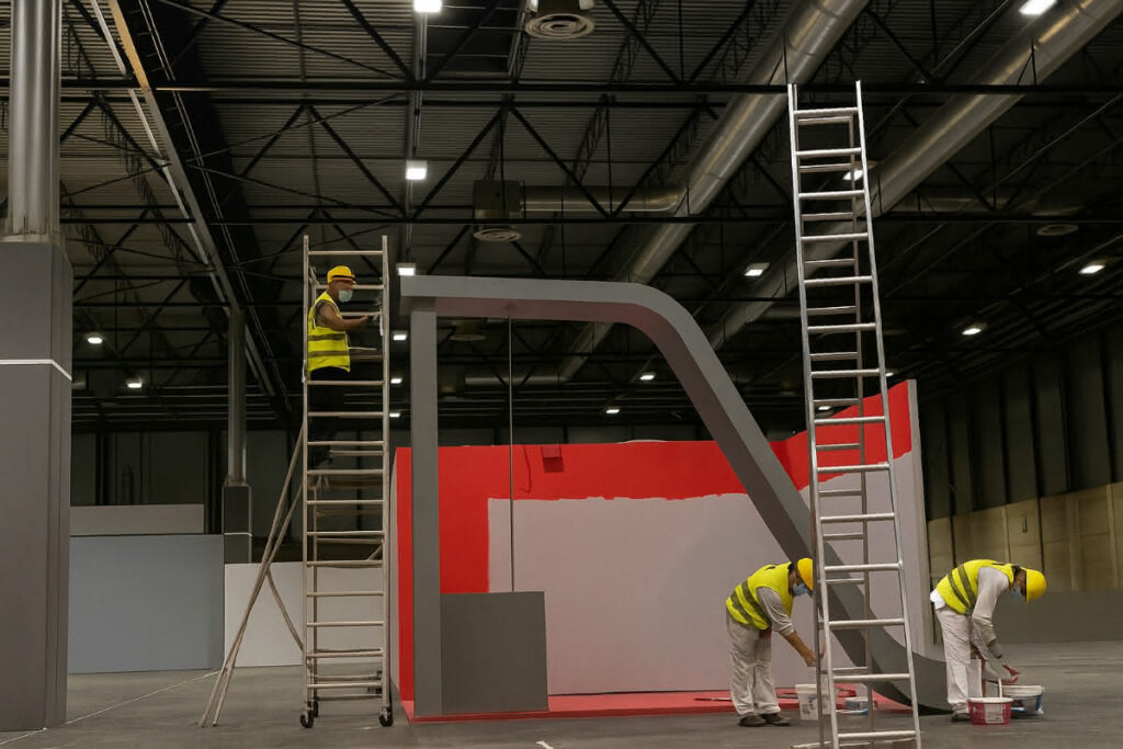 Tres trabajadores con chalecos de seguridad montan una estructura interior utilizando escaleras y cubos de pintura en un gran espacio industrial con tuberías aéreas.