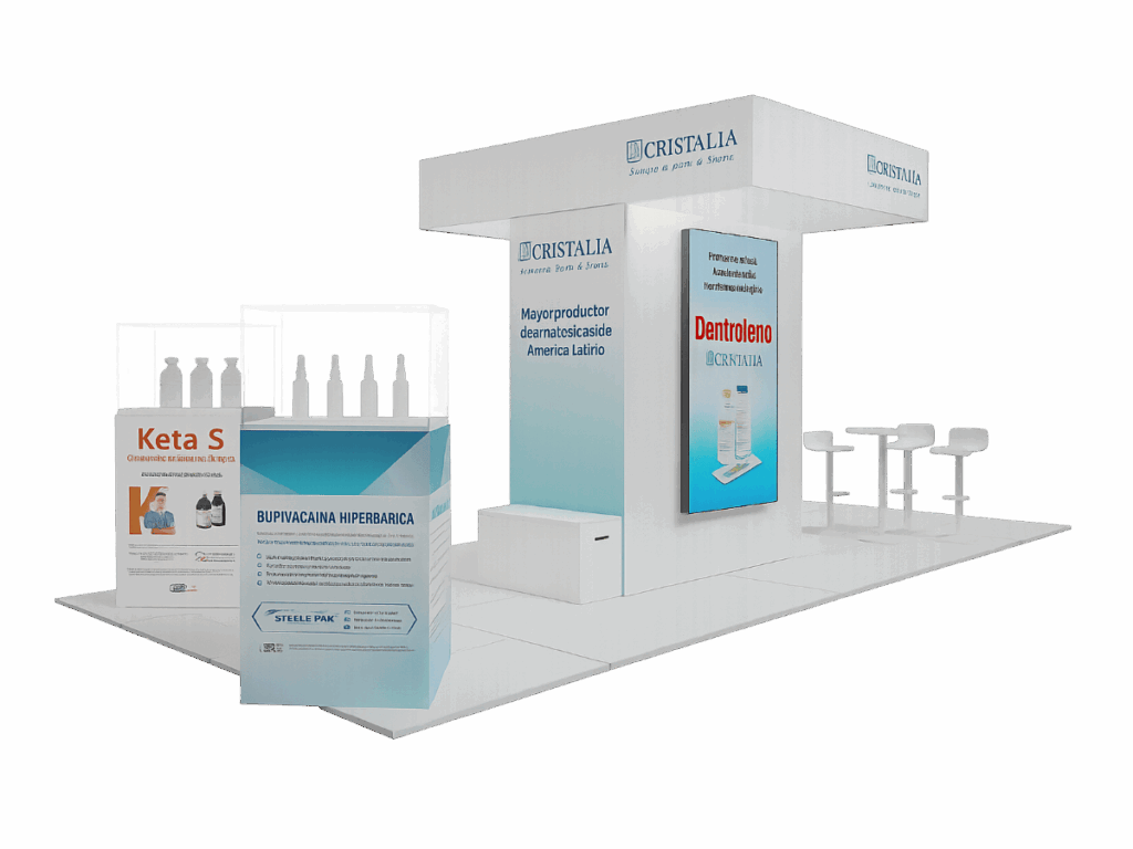 Stand de exposición con la marca Cristalia, expositores de productos, paneles informativos, dos taburetes de bar y una mesa alta sobre tarima blanca.