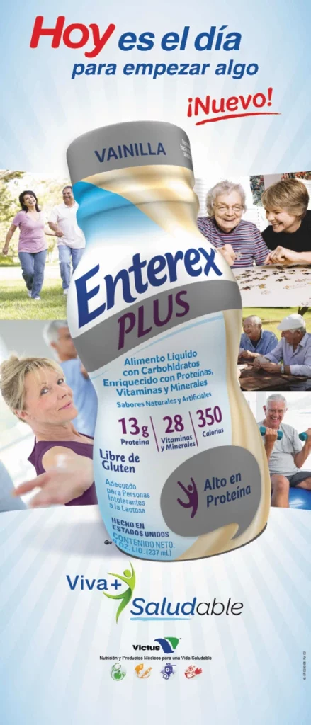 Cartel promocional para el suplemento líquido de vainilla Enterex Plus, en el que se destaca su contenido en proteínas, carbohidratos y calorías con imágenes de personas mayores activas y la marca de bienestar.