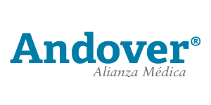 Logotipo con la palabra "Andover" en azul y "Alianza Médica" en cursiva gris debajo.