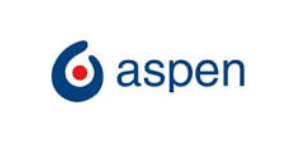 Logotipo de Aspen con un diseño circular azul con un punto rojo en el centro a la izquierda de la palabra "aspen" en minúsculas azules.