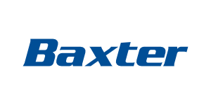 La imagen muestra el logotipo de Baxter con el nombre de la empresa en negrita, en azul y en cursiva sobre fondo blanco.
