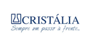 Logotipo de Cristália con el icono de un frasco de laboratorio y el lema "Sempre um passo à frente..." escrito debajo en texto azul sobre fondo blanco.