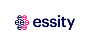 Logotipo de Essity con tres pares de "e" minúsculas estilizadas en azul y rosa a la izquierda, y la palabra "essity" en texto azul a la derecha.