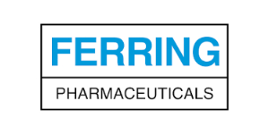 Logotipo de Ferring Pharmaceuticals con la palabra "FERRING" en azul, sobre "PHARMACEUTICALS" en negro, ambas dentro de un borde rectangular.