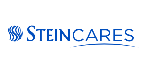 Logotipo azul de SteinCares con un icono de una ola circular estilizada a la izquierda y el texto "STEINCARES" en mayúsculas a la derecha.