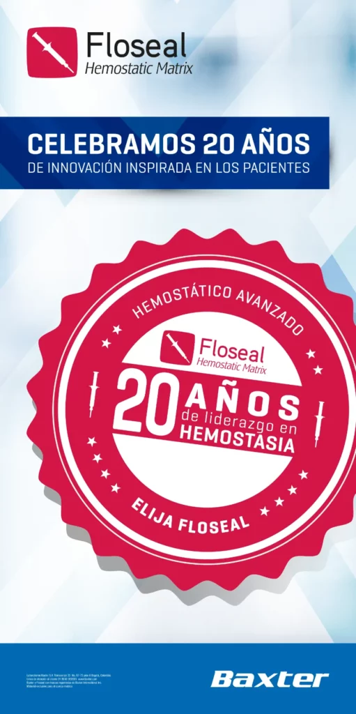 Pancarta de celebración de los 20 años de innovación de la matriz hemostática Floseal, con una insignia roja y el logotipo de Baxter en la parte inferior.